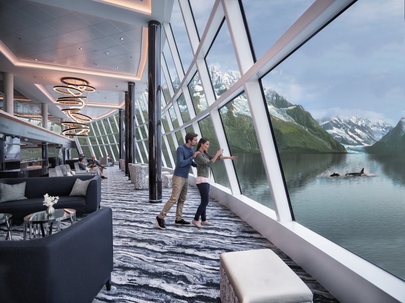 Observation Lounge with whales in Alaska