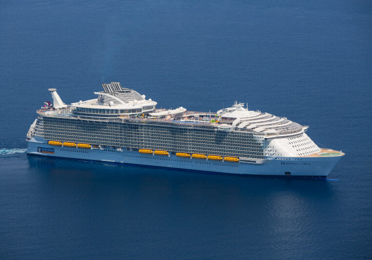 HM, Harmony of the Seas, Aerial - Offshore Barcelona (Spain) June 6, 2016, side view, starboard, at sea,