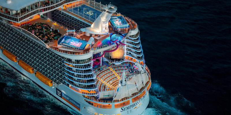 SY, Symphony of the Seas, aerials, 3/4 aft overhead view of ship, AquaTheater, basketball court, FlowRider, Ultimate Abyss, Mini Golf, night time, evening, dusk,